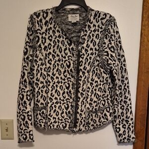 Lucky Lotus Womens Black & White Leopard Print Sweater Jacket SZ XL